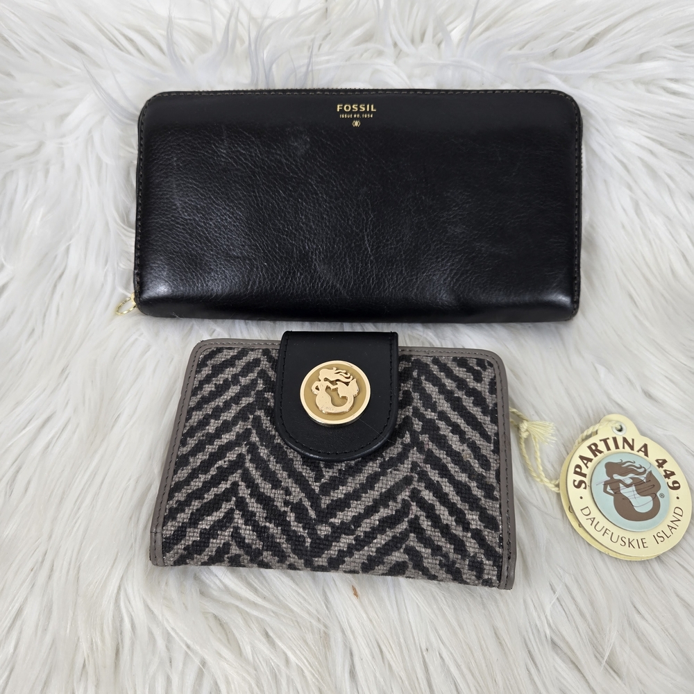 Fossil Black Leather Wallet And Spartina Linen And Leather Wallet